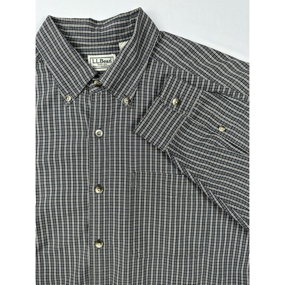 LL Bean‎ Shirt Men's Large Regular Button Down Black & Cream Plaid Long Sleeves